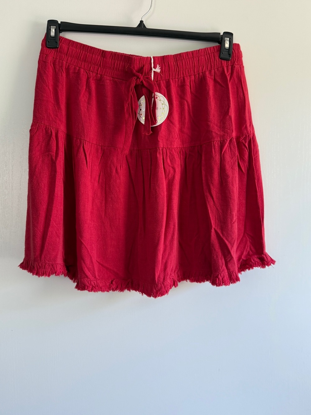 Umgee Plus Size Red Tiered Drawstring Mini Skirt Linen Blend Frayed Hem NWT
